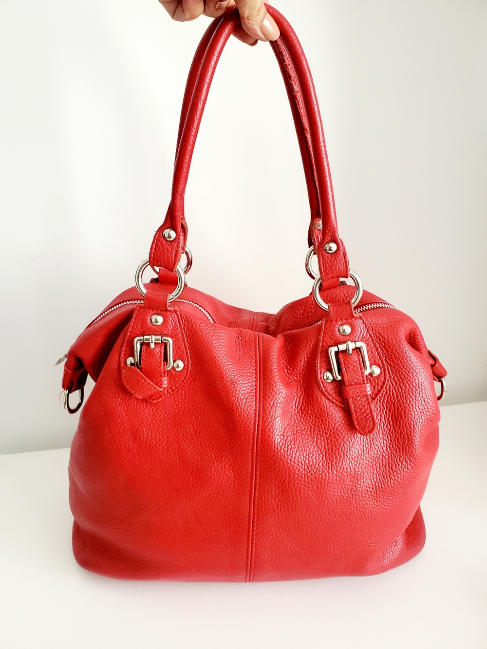 Valentina Red Pebbled Leather Shoulder Bag with Silver Hardware